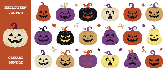 Obraz premium Set of halloween pumpkins with different facial expressions in various colors and styles.