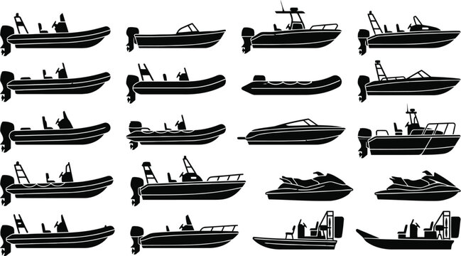 Diverse types of boats and yachts silhouette collection
