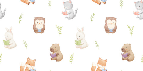 Fototapeta premium Seamless pattern with cute animals with books. Childish cartoon reading characters, set for kids. Watercolour isolated illustrations on white background
