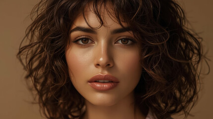 Naklejka premium Soft curls brown eyes glowing skin close up portrait woman with cinematic mood