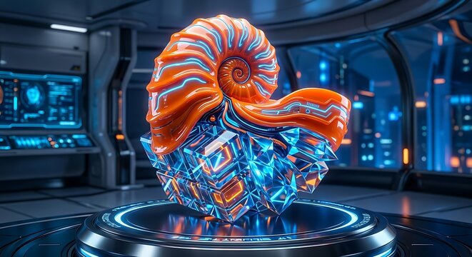 Futuristic orange nautilus shell integrated with glowing blue digital crystals in a sci-fi laboratory