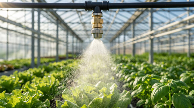 Precision irrigation technology delivers water to flourishing young plants within a contemporary greenhouse environment, highlighting sustainable agricultural innovation and optimal growth conditions