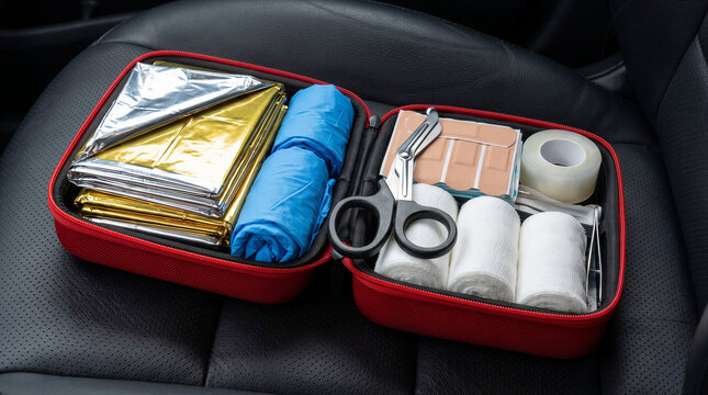 Red first aid kit on car seat, open to reveal emergency medical supplies. Thermal blanket, bandages, gloves, and scissors for accidents and travel safety