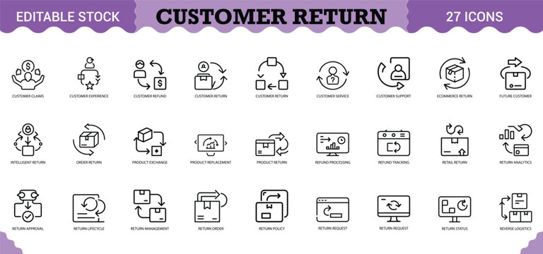 PrintCustomer Return Icon Set - 27 Editable Vector Icons for Reverse Logistics & Refund Management. Features product returns, refund processing, exchange requests, return policy management, and claims