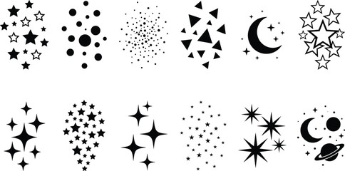 Star Sparkle Vector Icon Set Featuring Magic Twinkle Dust Crescent Moon Planets and Geometric Confetti Clipart Elements for Celestial Festive and Tattoo Graphic Designs © MdMahedy