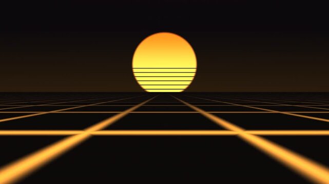 Sunset over a grid landscape with lines and geometric patterns