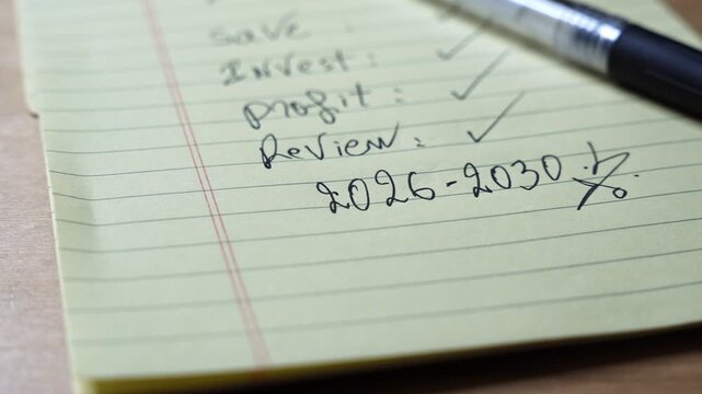 a yellow lined notepad on a wooden desk detailing a future financial investment plan for 2026 to 2030. A black pen rests on the paper next to handwritten goals like save and profit.