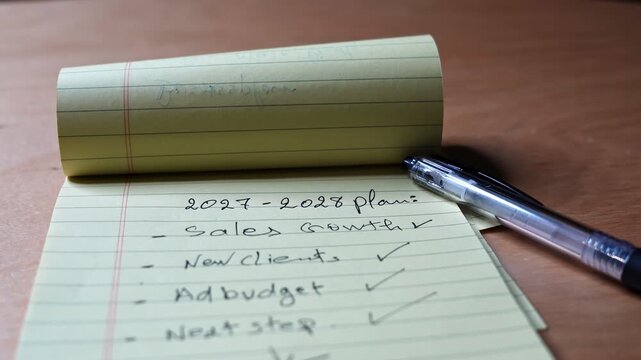 Close up of a yellow notepad with handwritten corporate business goals for future planning. A black pen rests on the lined paper over a wooden office desk. Cinematic shallow depth of field.