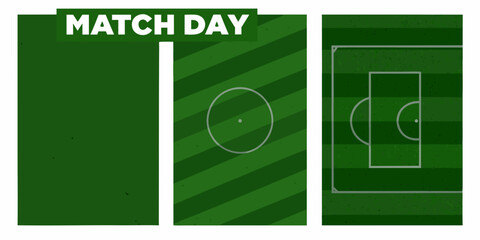 three vertical panels featuring a realistic soccer field vector illustration football pitch match day green grass © Bithi