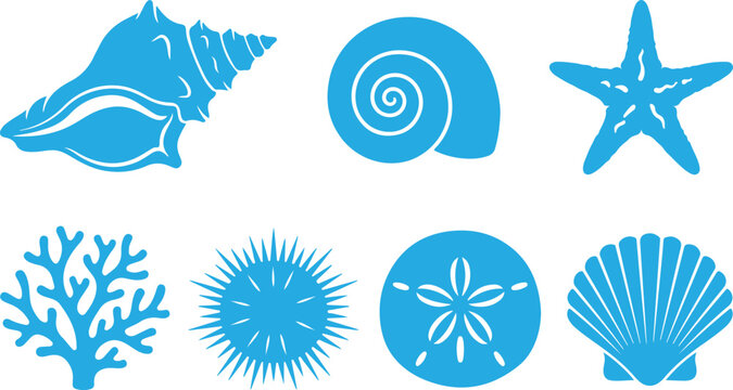 Blue ocean icons set with shells starfish coral