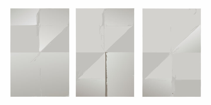 three vertical sheets of white paper with visible creases folded wrinkles stripes rectangular plain blank document
