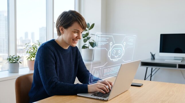 A professional woman using artificial intelligence software on a laptop in a modern bright office environment for productivity and innovation