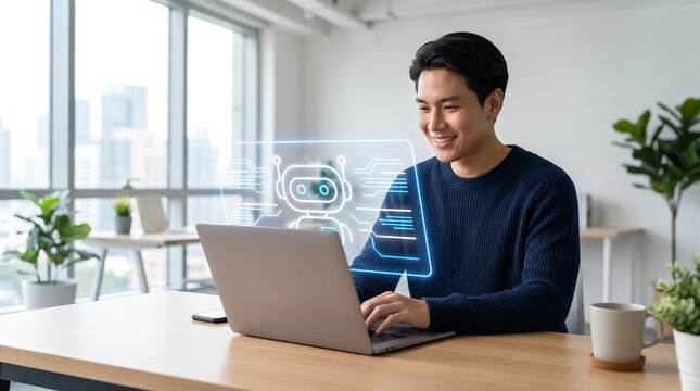 AI automation visualized for professional man using laptop with futuristic chatbot holographic interface in office