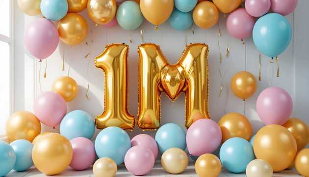 Golden 1m balloon surrounded by colorful pastel balloons celebration anniversary achievement.