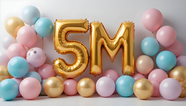 Golden 5m foil balloons surrounded by pastel party balloons on a simple white studio backdrop.