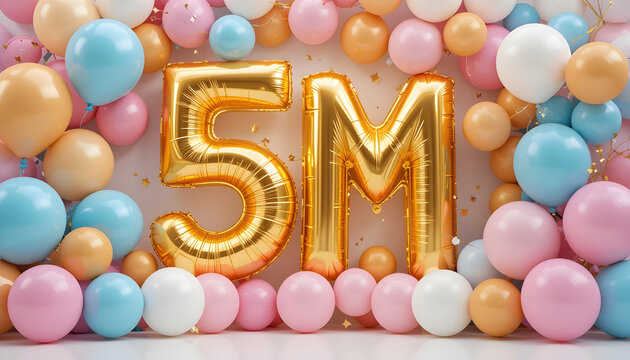 Golden 5m balloon surrounded by colorful pastel balloons celebration anniversary achievement.