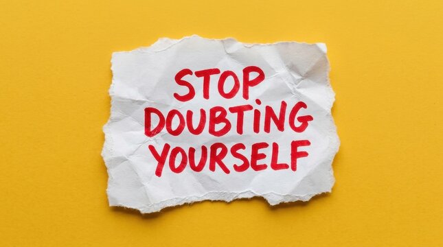 Yellow background note: STOP DOUBTING YOURSELF handwritten, depicts mindset hindering success with Note on backdrop featuring handwritten text