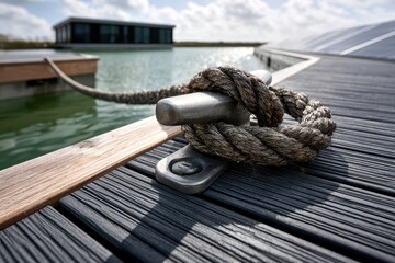 Fototapeta premium Mooring rope tied to a cleat on a modern floating dock