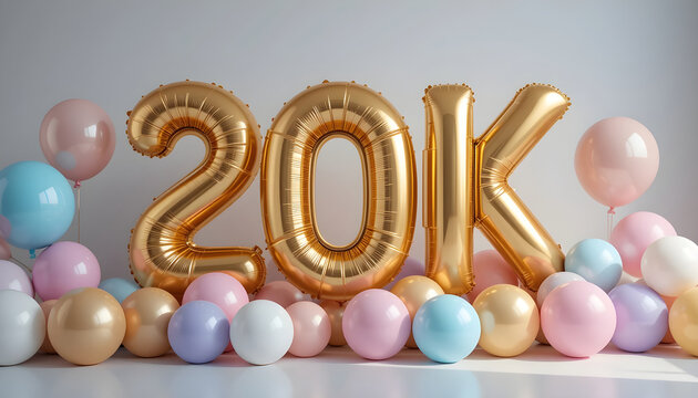 Golden 20k balloons celebration with soft spheres on white background.