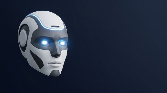 A digital head of an artificial intelligence entity with glowing blue eyes in a three dimensional representation floating against a dark backdrop for technology and innovation concepts