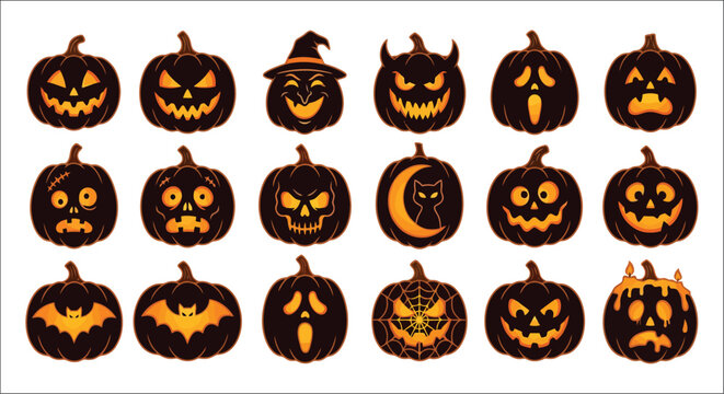 Halloween jack o lanterns vector illustration featuring various carved pumpkin faces and spooky designs autumn pumpkins celebration costume decorative design