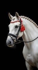 Fototapeta premium Stunning white horse with red equestrian bridle and braided mane isolated on black background