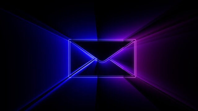 Neon blue and purple email envelope icon with volumetric light rays on black background
