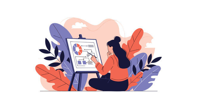 Focused woman sitting and drawing a complex business flowchart with diagrams and charts on a large whiteboard in the office.