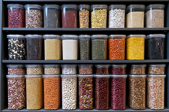 Clear Plastic Containers Filled with Assorted Beans on Organized Pantry Shelves