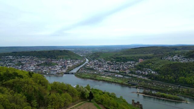 Aerial view over Rhine river with Rudesheim town at background,Germany. Aerial drone shot