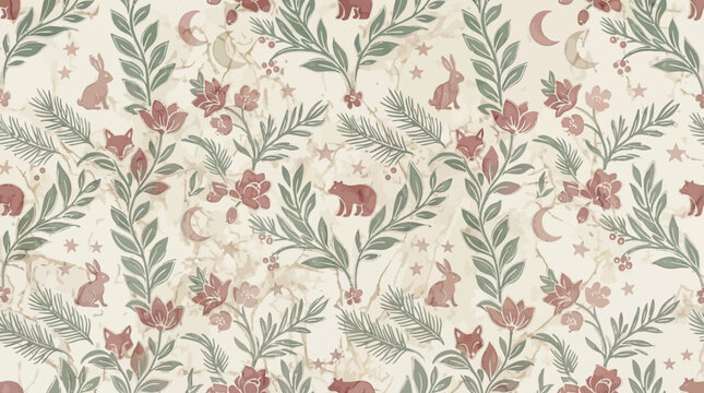 whimsical forest animal seamless pattern with flowers and leaves