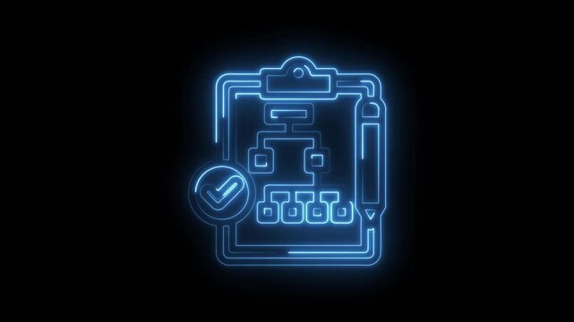 Glowing blue neon flowchart on clipboard with checkmark icon representing successful project