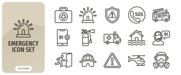 Emergency icon set, thin line style, vector illustration set of 15 emergency and rescue icons including ambulance, fire truck, medical kit, and safety equipment © Abir Creative Studio