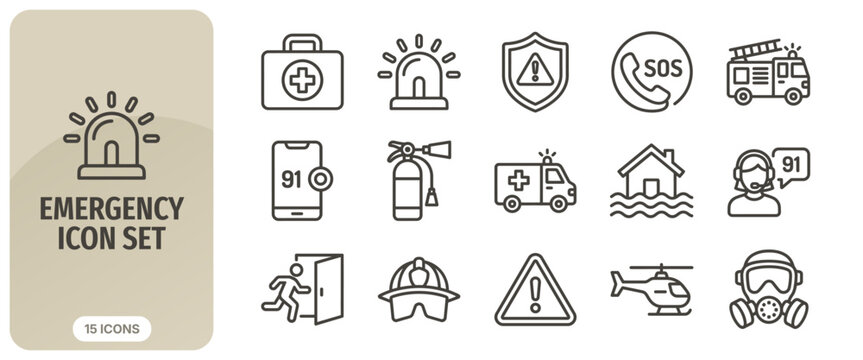 Emergency icon set, thin line style, vector illustration set of 15 emergency and rescue icons including ambulance, fire truck, medical kit, and safety equipment