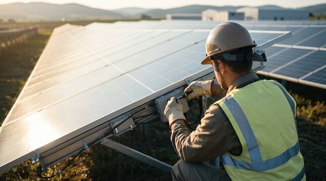 Professional technician installing and connecting solar panel system in outdoor field during golden hour sunlight for renewable energy project