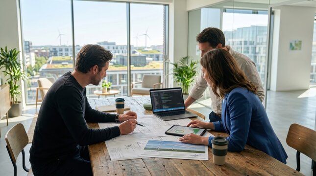 Creative team of engineers discussing wind turbine blueprints and renewable energy project plans on tablet and laptop at wooden table in bright modern office with city view