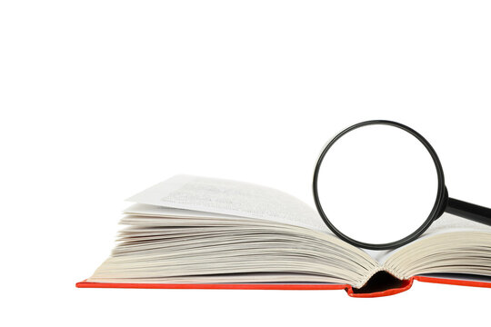 Book examined with a magnifying glass, isolated on white, PNG