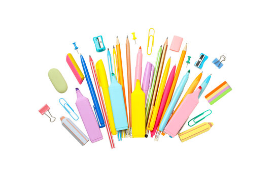 Vibrant school pens, pencils, and gear, isolated on white, PNG