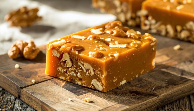 Artisan Maple Walnut Brittle Slice on Rustic Wooden Board