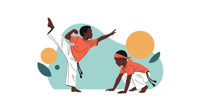 Two African American boys practicing traditional capoeira martial arts movements against a modern abstract background.