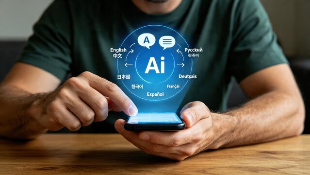 Man using smartphone with artificial intelligence language translation app showing global communication icons and text bubbles for international travel and business