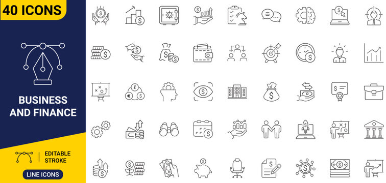 Business and finance icon set. Outline icons featuring investment, banking, accounting, budget, profit, analytics, and financial management. Editable stroke. Full vector.