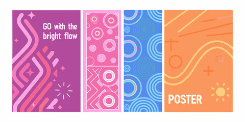 Fototapeta premium four vertical posters with vibrant patterns and text graphic design illustration colorful abstract circles waves stars