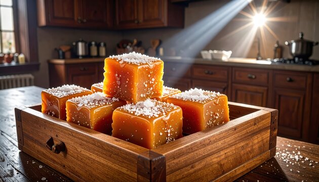 Artisanal Sea Salt Caramels Elegantly Arranged in a Rustic Wooden Tray