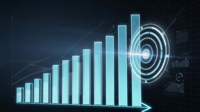 Dynamic futuristic video of virtual bar graphs rising with advanced data analysis and technology visualization
