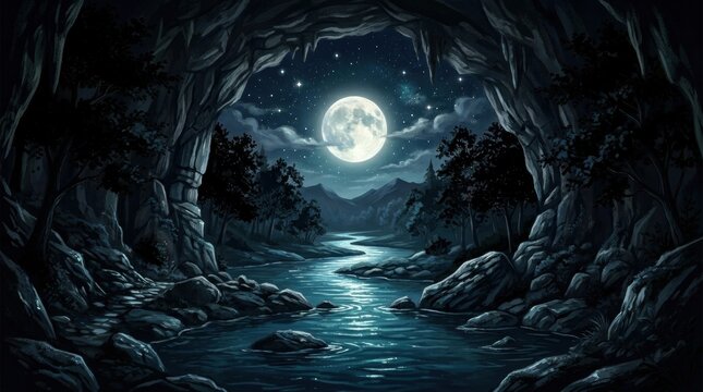 Moonlit River in a Surreal Landscape: Nature and Fantasy Merge Conceptual the with moon. bizarre landscape