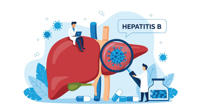 Professional medical team examining human liver with magnifying glass to detect hepatitis B virus in clinical laboratory setting.