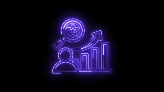 Neon glowing icon of a person with a magnifying glass analyzing a rising bar graph and star