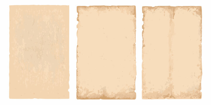 three vertical sheets of old beige manuscript paper on white background document scroll parchment texture grunge