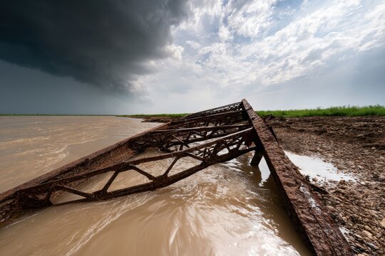 Rusted metal bridge structure collapsing into a muddy river